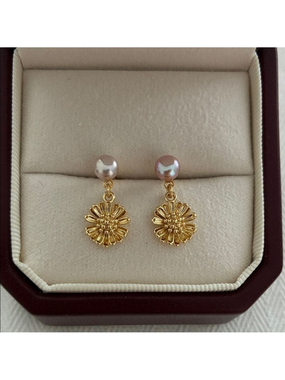 Gold Floral Pearl Earrings Sterling Silver Posts